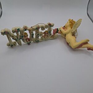 Lot of‎ 2 Christmas Ornaments Noel With Cherubs & Angel Trumpet Floral Taiwan